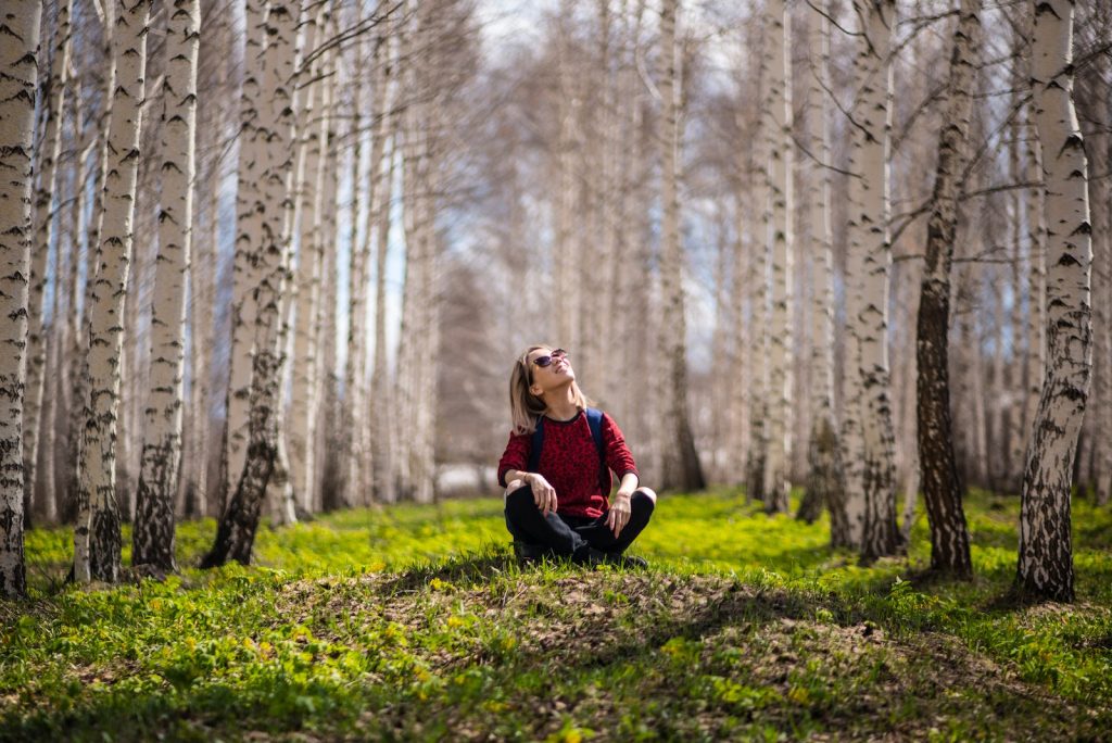 Woman Sitting Between Brown Trees