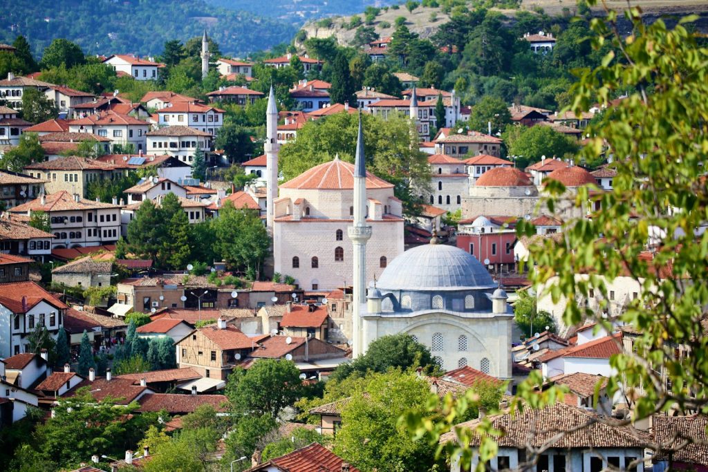 a view of a small town with a church in the middle